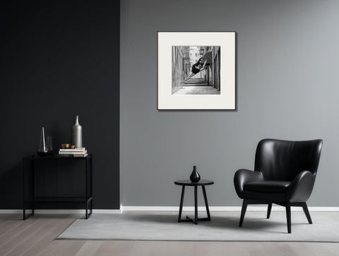 Ballet Dancer Amidst Urban Landscape in Black & White - Luminous Crystal Porcelain Framed Art Print - Furnt