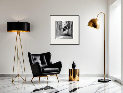 Ballet Dancer Amidst Urban Landscape in Black & White - Luminous Crystal Porcelain Framed Art Print - Furnt