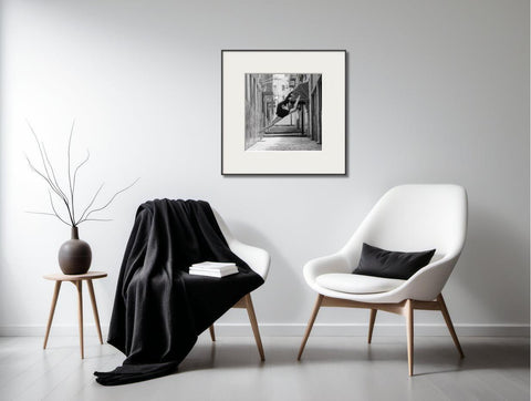 Ballet Dancer Amidst Urban Landscape in Black & White - Luminous Crystal Porcelain Framed Art Print - Furnt