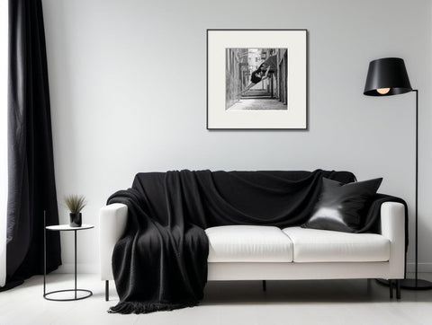 Ballet Dancer Amidst Urban Landscape in Black & White - Luminous Crystal Porcelain Framed Art Print - Furnt