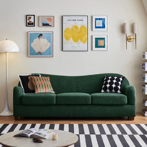Biscuit Dark Green Boucle Wave Back 3 Seater Sofa