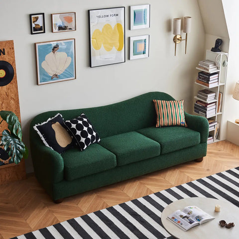 Biscuit Dark Green Boucle Wave Back 3 Seater Sofa