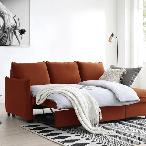 Blaire Corner Sofa Bed in Grey Boucle, Orange Velvet or Olive Green Velvet