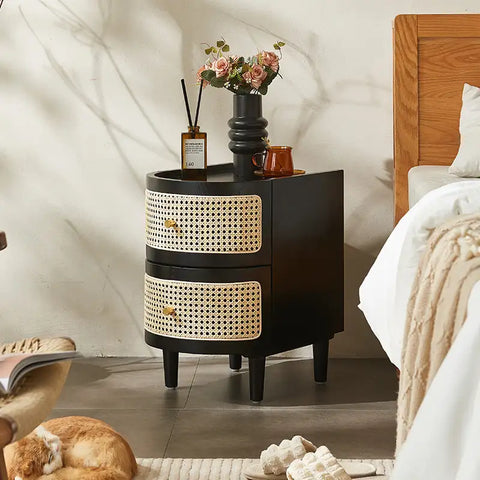 Franco Solid Wood & Rattan Bedside Cabinet - Black