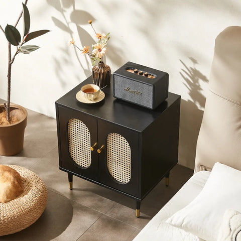 Lille 2 Door Rattan Bedside Cabinet - Black