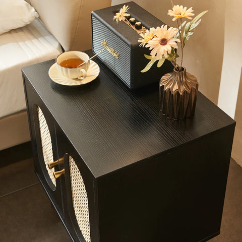 Lille 2 Door Rattan Bedside Cabinet - Black