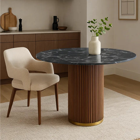 Marcio Black Marble-effect Ceramic Top & Wooden Base Round Dining Table - 120cm