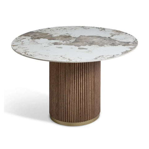 Marcio White Marble-effect Ceramic Top & Wooden Base Round Dining Table - 120cm
