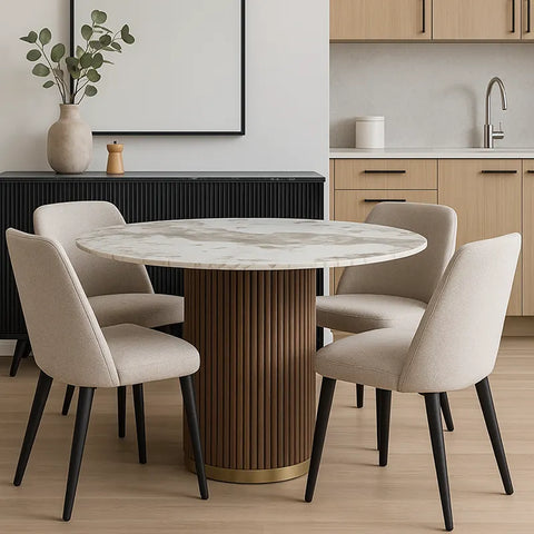 Marcio White Marble-effect Ceramic Top & Wooden Base Round Dining Table - 120cm