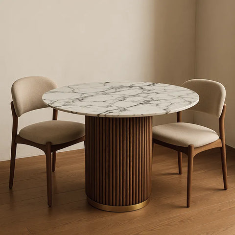 Marcio White Marble-effect Ceramic Top & Wooden Base Round Dining Table - 120cm