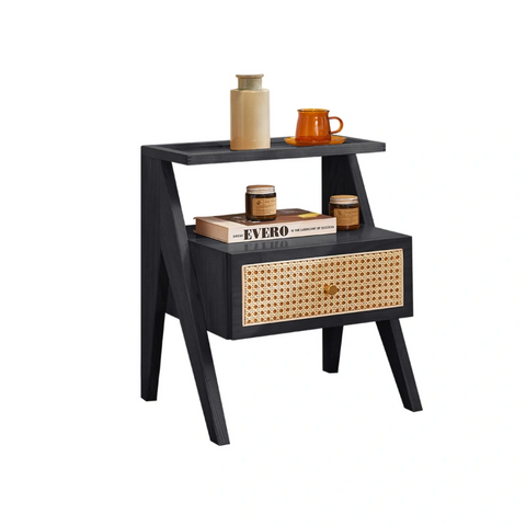 Mina Solid Wood & Rattan Bedside Cabinet - Black
