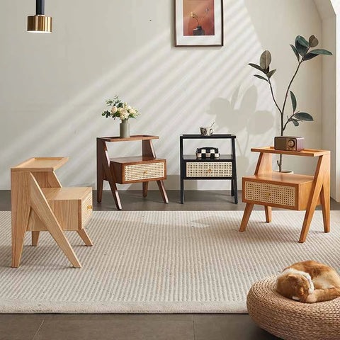 Mina Solid Wood & Rattan Bedside Cabinet - Black