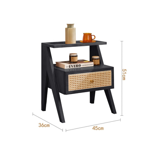 Mina Solid Wood & Rattan Bedside Cabinet - Black