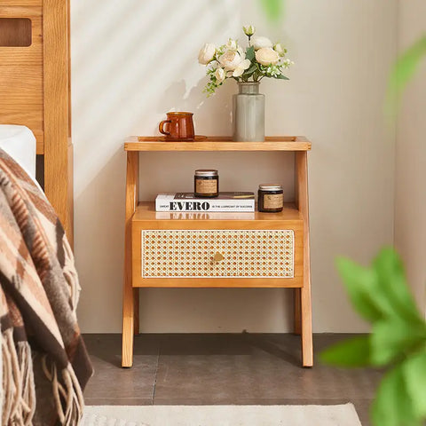 Mina Solid Wood & Rattan Bedside Cabinet - Brown