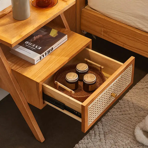 Mina Solid Wood & Rattan Bedside Cabinet - Brown