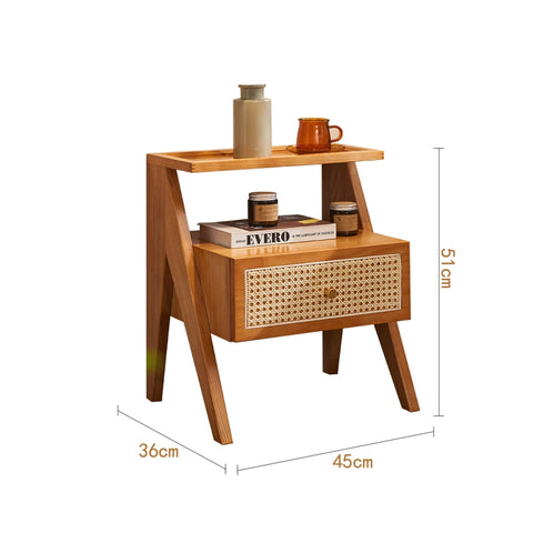 Mina Solid Wood & Rattan Bedside Cabinet - Brown