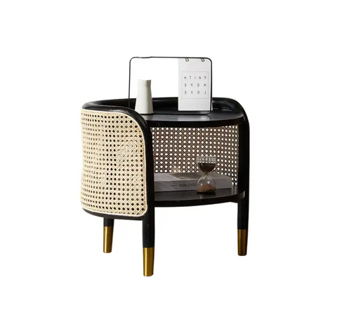 Moscan Solid Wood & Rattan Round Bedside Table - Black