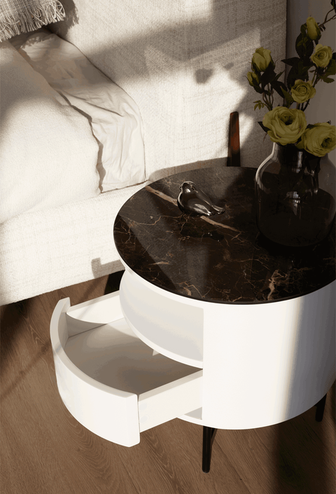 Nebula Ceramic-Top Bedside Table (Available in Walnut and Matt White)