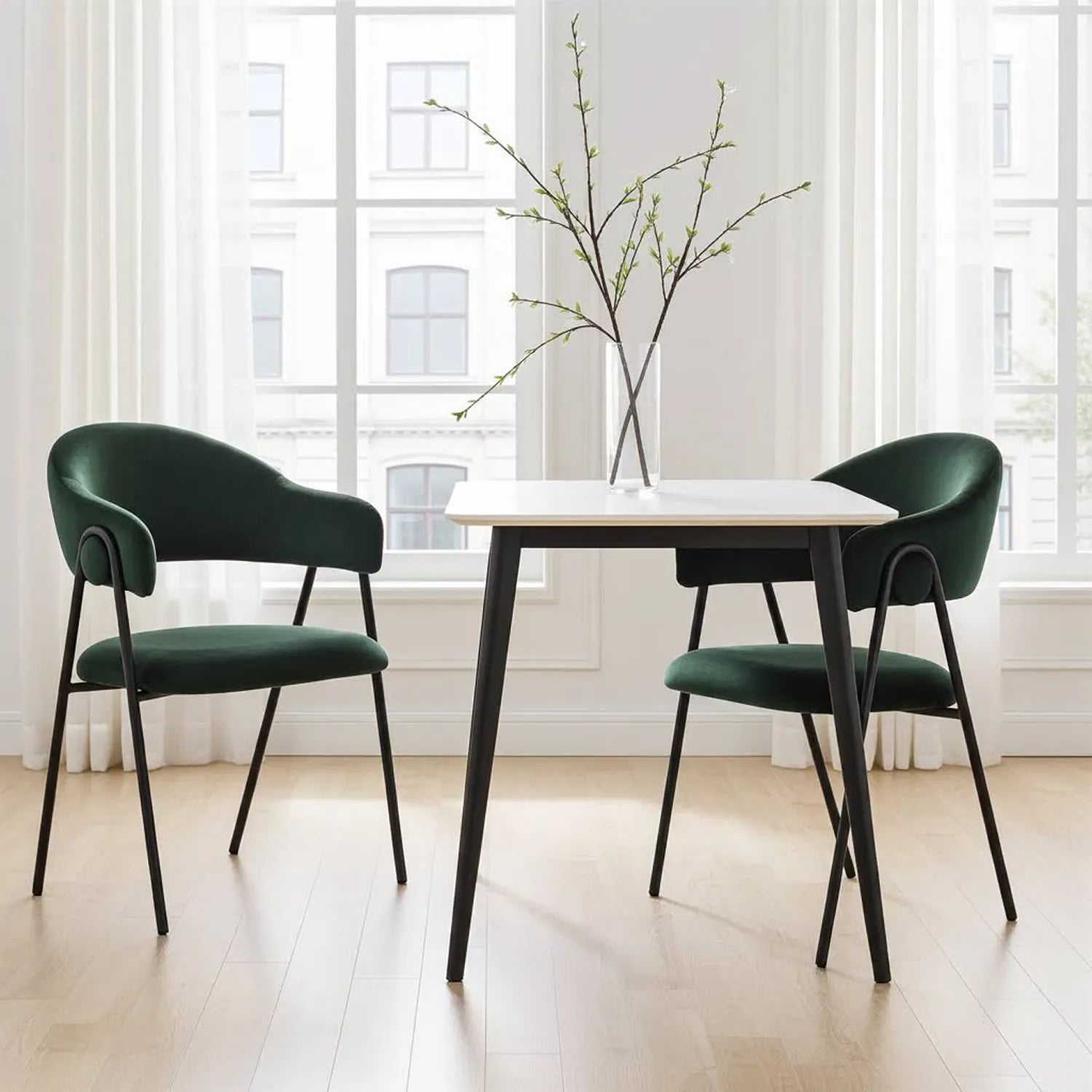 Noah Set of 2 Dark Green Velvet Dining Chairs with Black Metal Frame ...
