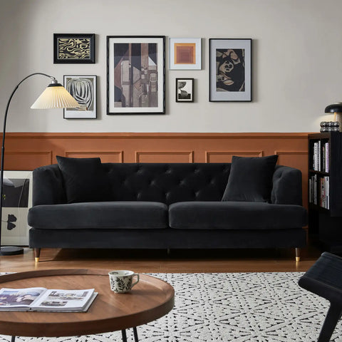 Tribeca Tufted Vintage Black Velvet 3 Seater Sofa