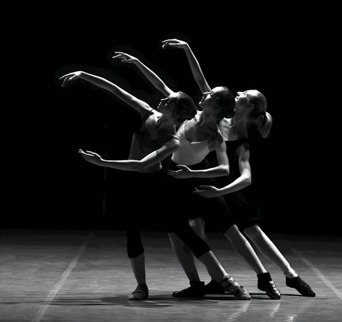 Trio of Ballet Dancers on Stage in Black & White - Luminous Crystal Porcelain Framed Art Print - Furnt