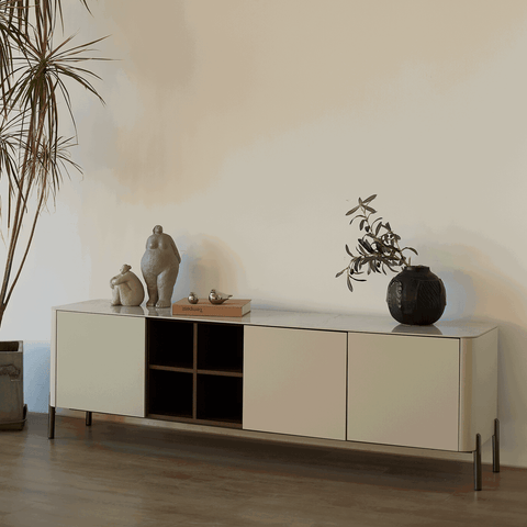 Willow White Ceramic-Top TV Stand with Matte Beige Finish for TVs up to 78"