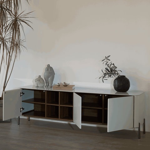 Willow White Ceramic-Top TV Stand with Matte Beige Finish for TVs up to 78"