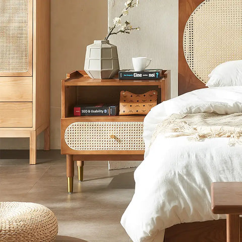 Anya Solid Wood & Rattan Bedside Cabinet - Brown