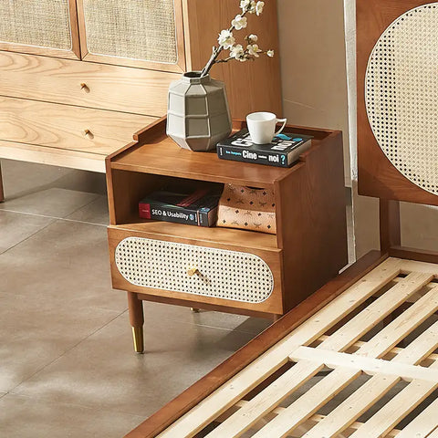 Anya Solid Wood & Rattan Bedside Cabinet - Brown