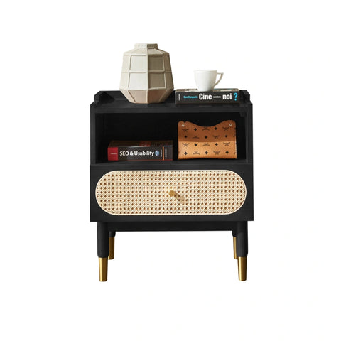 Anya Solid Wood & Rattan Bedside Cabinet - Black