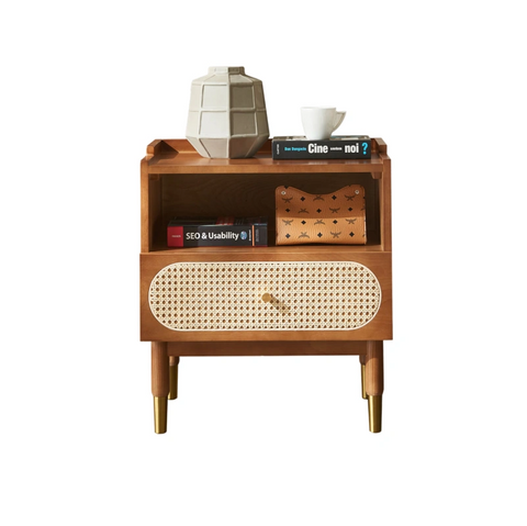Anya Solid Wood & Rattan Bedside Cabinet - Brown