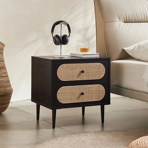 Izzy 2 Drawer Rattan Bedside Cabinet - Black