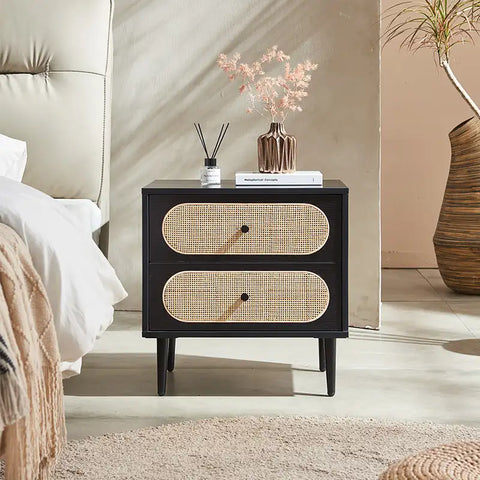 Izzy 2 Drawer Rattan Bedside Cabinet - Black