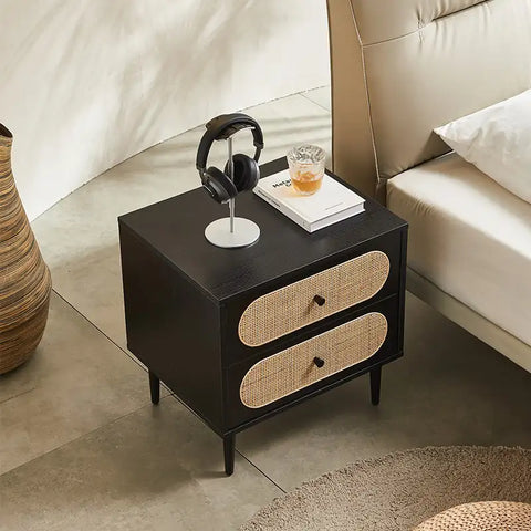 Izzy 2 Drawer Rattan Bedside Cabinet - Black