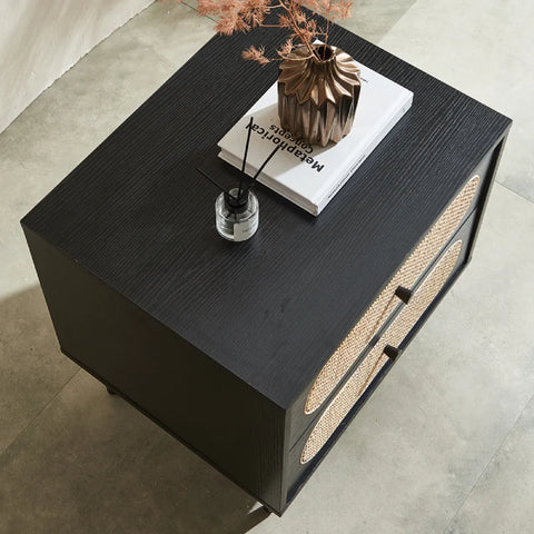 Izzy 2 Drawer Rattan Bedside Cabinet - Black
