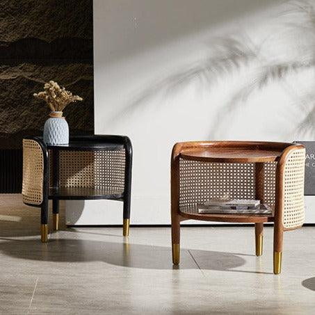 Moscan Solid Wood & Rattan Round Bedside Table - Black