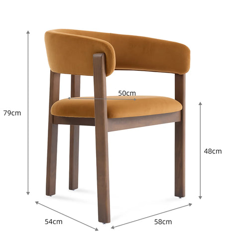 Amara Dining Chair, Walnut Effect Solid Ash Wood | Caramel Brown Velvet Fabric Dining Chair