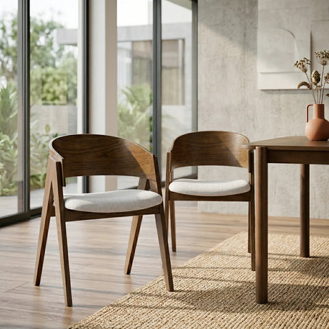 Ardena Dining Chair, Walnut Effect Elm Solid Wood | Cream Textured Basketweave Fabric