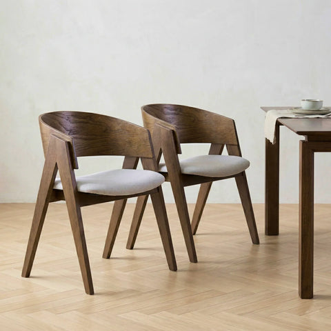 Ardena Dining Chair, Walnut Effect Elm Frame | Light Warm Grey Textured Basketweave Fabric
