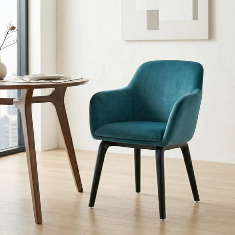 Belshire Dining Chair, Black Ash Solid Wood | Peacock Blue Velvet Fabric