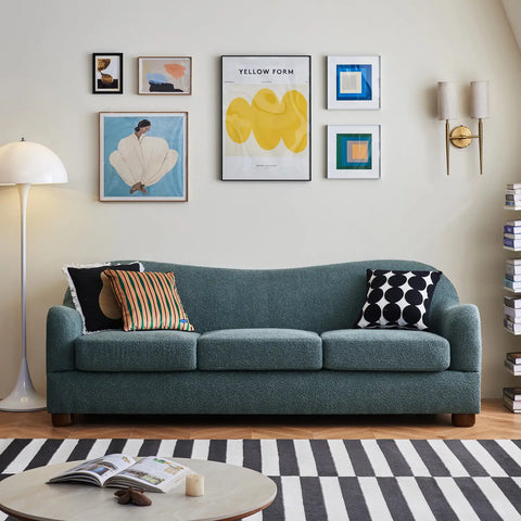 Biscuit Slate Blue Boucle Wave Back 3 Seater Sofa