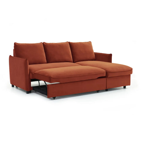 Blaire Corner Sofa Bed in Grey Boucle, Orange Velvet or Olive Green Velvet