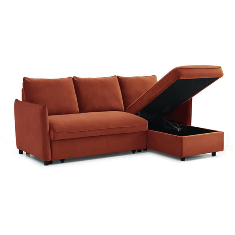 Blaire Corner Sofa Bed in Grey Boucle, Orange Velvet or Olive Green Velvet