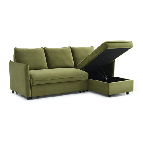 Blaire Corner Sofa Bed in Grey Boucle, Orange Velvet or Olive Green Velvet
