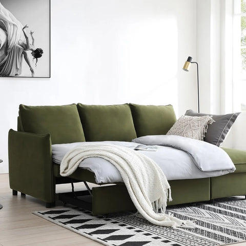 Blaire Corner Sofa Bed in Grey Boucle, Orange Velvet or Olive Green Velvet