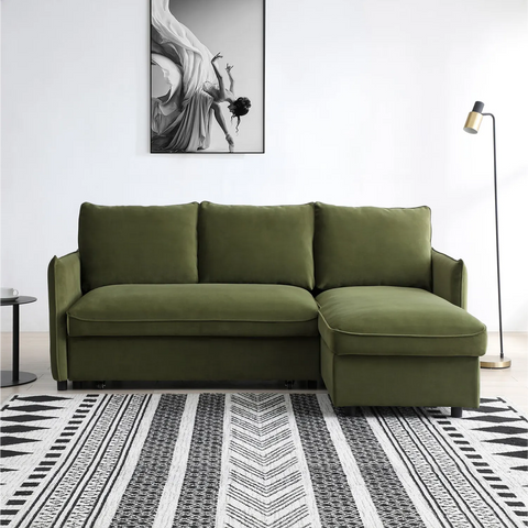 Blaire Corner Sofa Bed in Grey Boucle, Orange Velvet or Olive Green Velvet