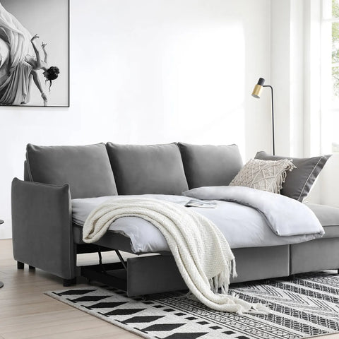 Blaire Corner Sofa Bed in Grey Boucle, Orange Velvet or Olive Green Velvet