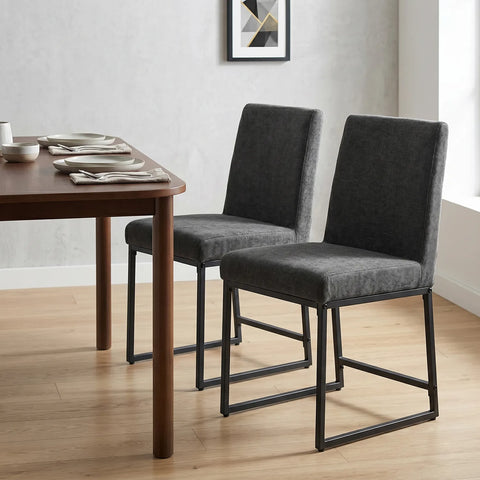 Bralan Dining Chairs,Set of 2 Black Metal Frame | Dark Grey Textured Weave Fabric