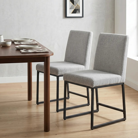 Bralan Dining Chairs,Set of 2 Black Metal Frame | Light Grey Textured Weave Fabric