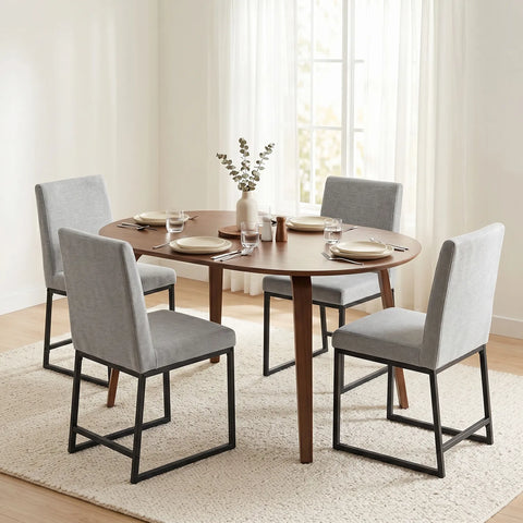 Bralan Dining Chairs,Set of 2 Black Metal Frame | Light Grey Textured Weave Fabric